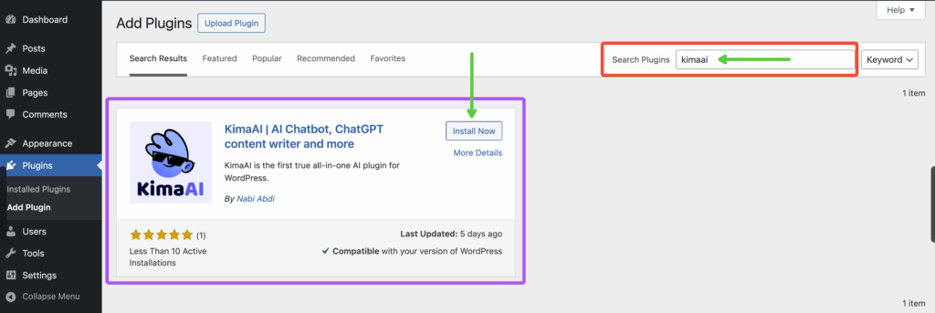 Install the KimaAI plugin in WordPress