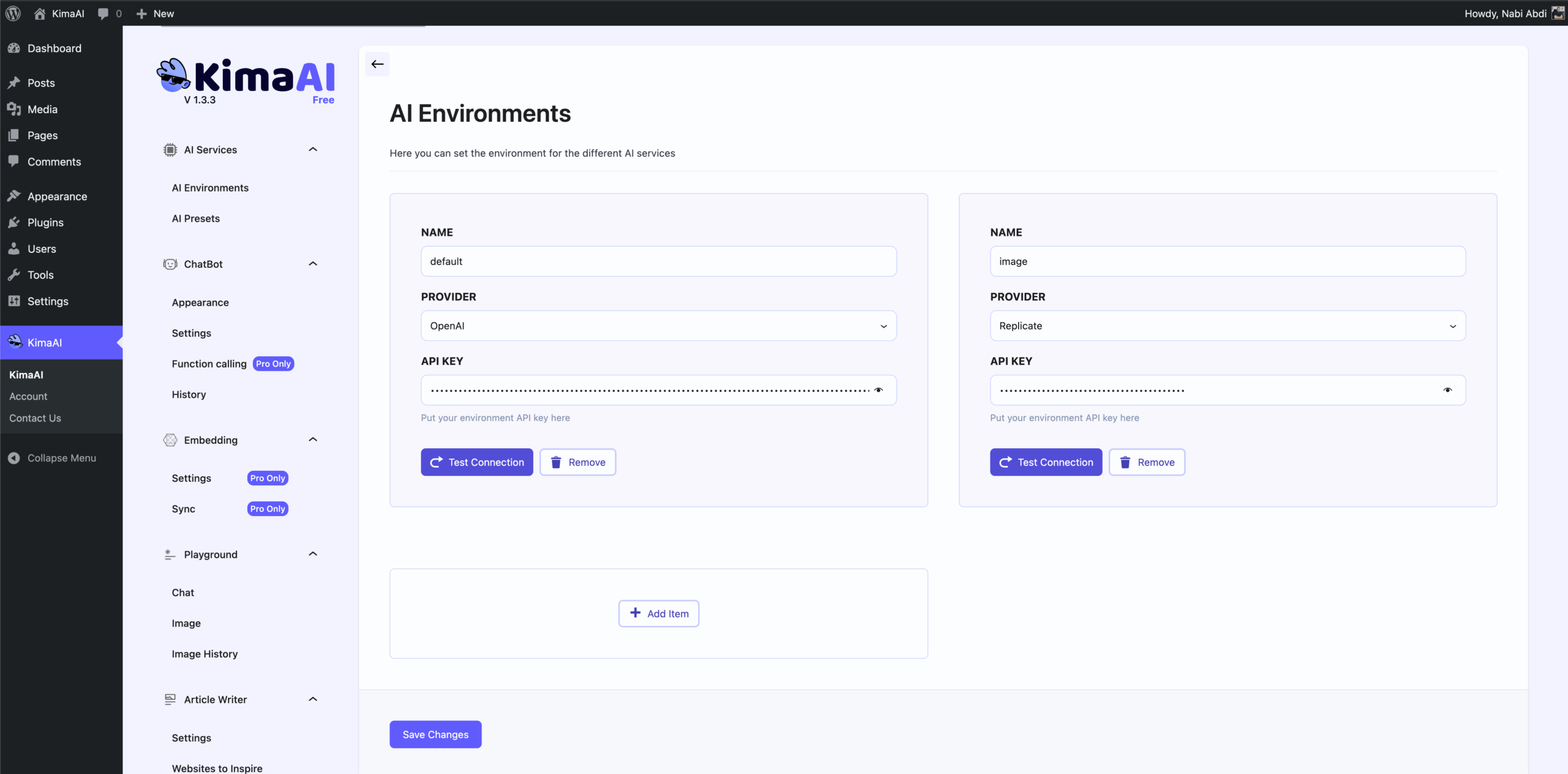 KimaAI Plugin Free version settings page