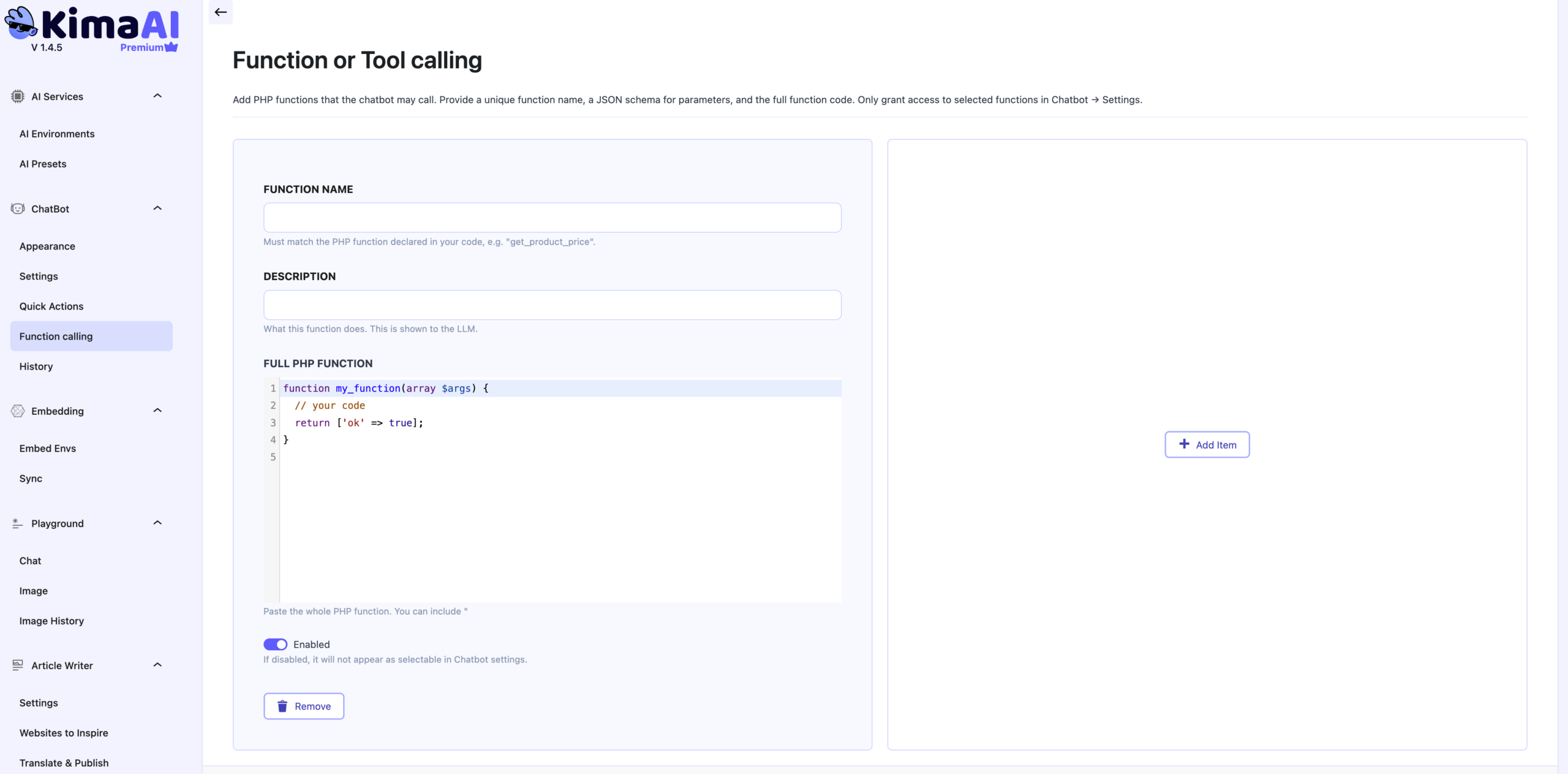 KimaAI function or tool calling